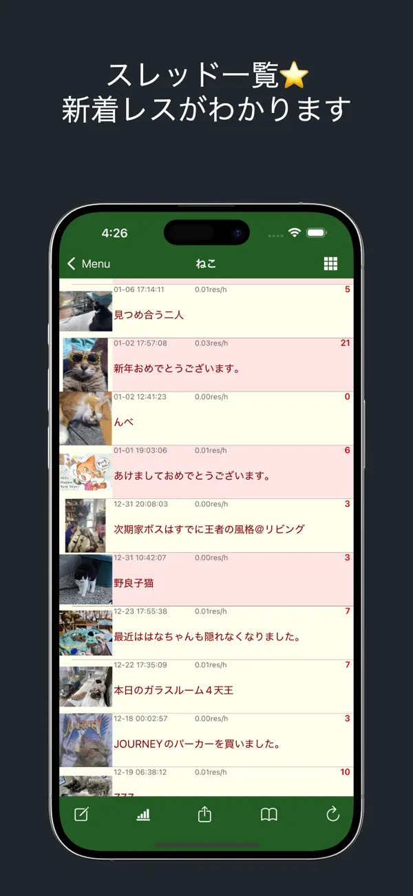 スレッド一覧の画面。サムネイルと本文、レス数が縦に並ぶ。見出しは「スレッド一覧 新着レスがわかります」