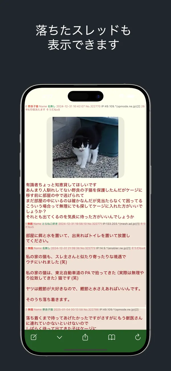 スレッドを開いた画面。画像付きの最初のレスと、続くレスが並ぶ。見出しは「落ちたスレッドも表示できます」
