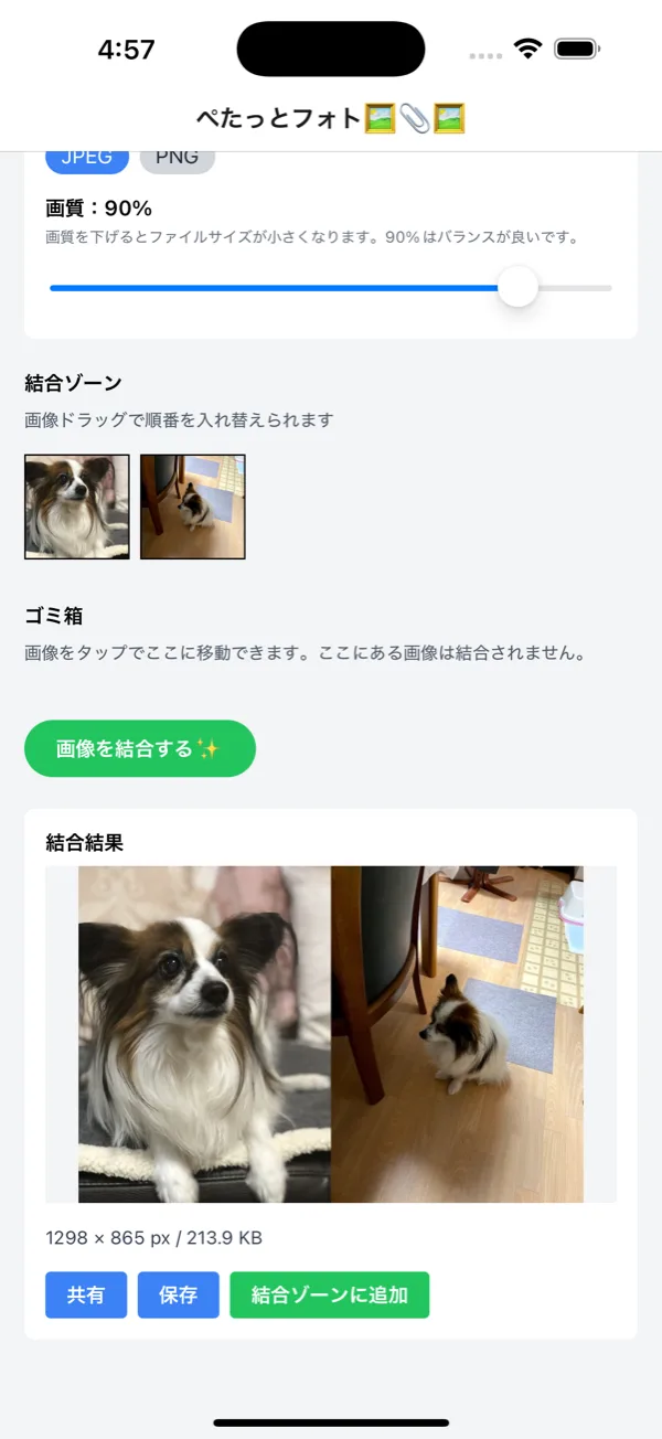 アプリの画面。横につなげた写真2枚の結合結果と、画像の大きさ・容量の表示